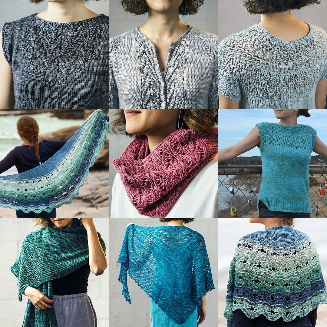 Susanna IC Instagram best nine of 2019: Arequita Tunic, Meseta Cardigan, Cascadas Tee, Maritima, Ceibo Cowl, Vanora, Ombu Stole, Lluvia Shawl, Maritima; photo © ArtQualia